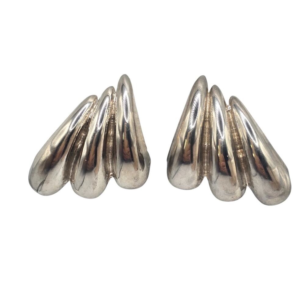 Vintage Earrings Tiered Fan Drape Wing Mid Century Modern Silver Tone Clip On